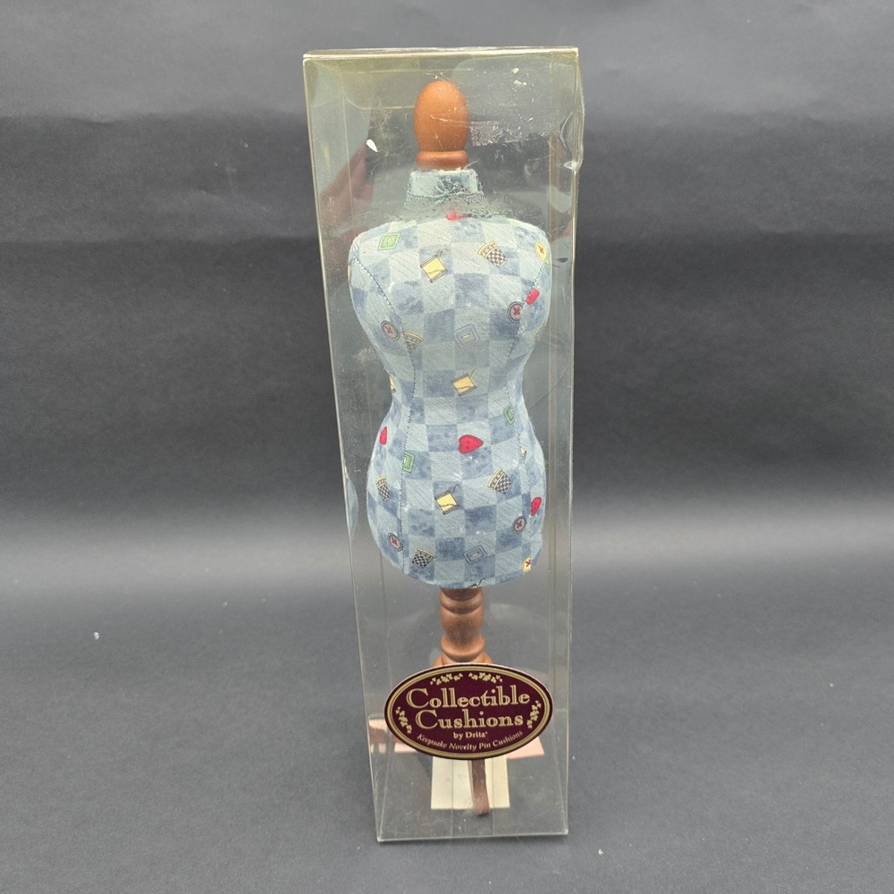 Dritz Collectible Cushions Novelty Pin Cushion Dress Form Blue Checkered Wood